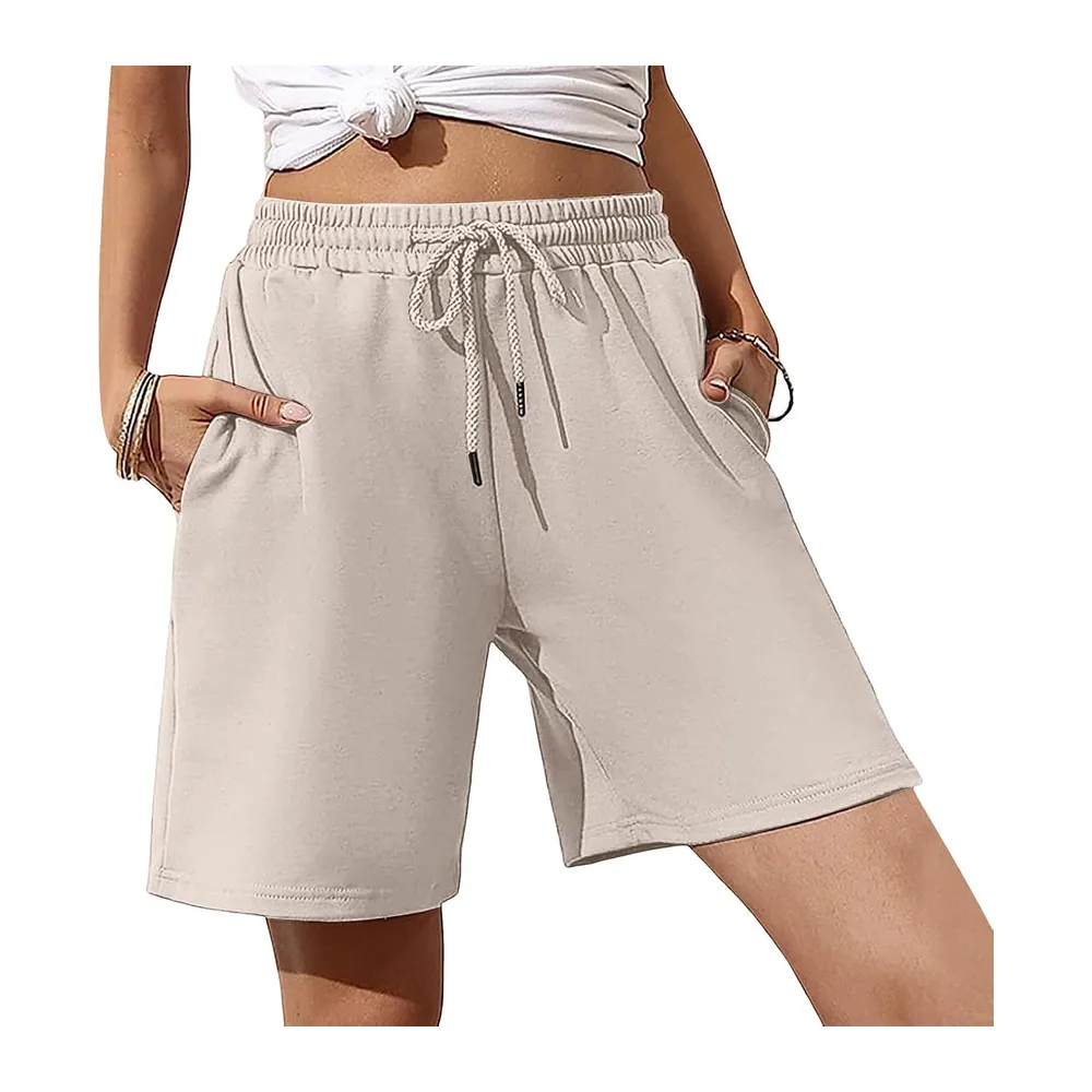 Long Loose Running Bermuda Shorts Summer High Waist Lightweight Plain Pocket — Beige