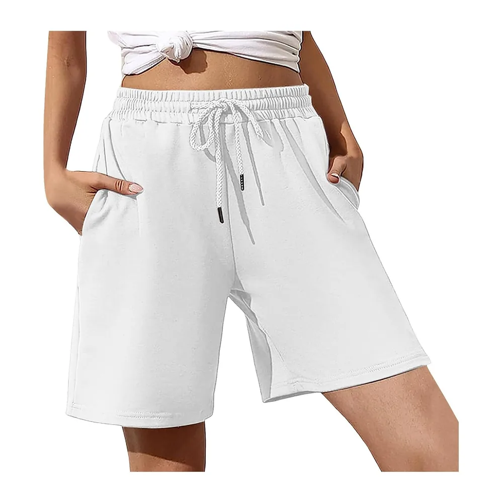 Long Loose Running Bermuda Shorts Summer High Waist Lightweight Plain Pocket — Blanc