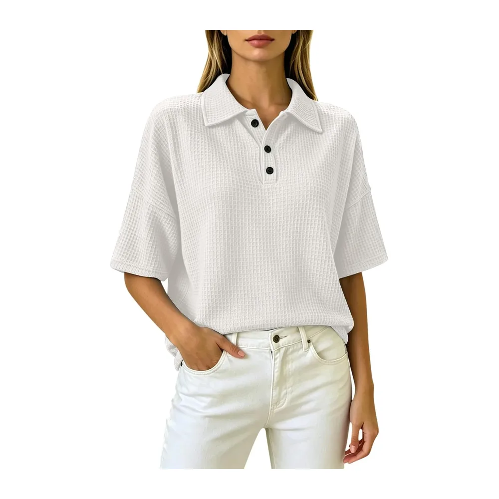 Henley Polo à manches courtes en tricot gaufré, respirant, style athlétique — Blanc
