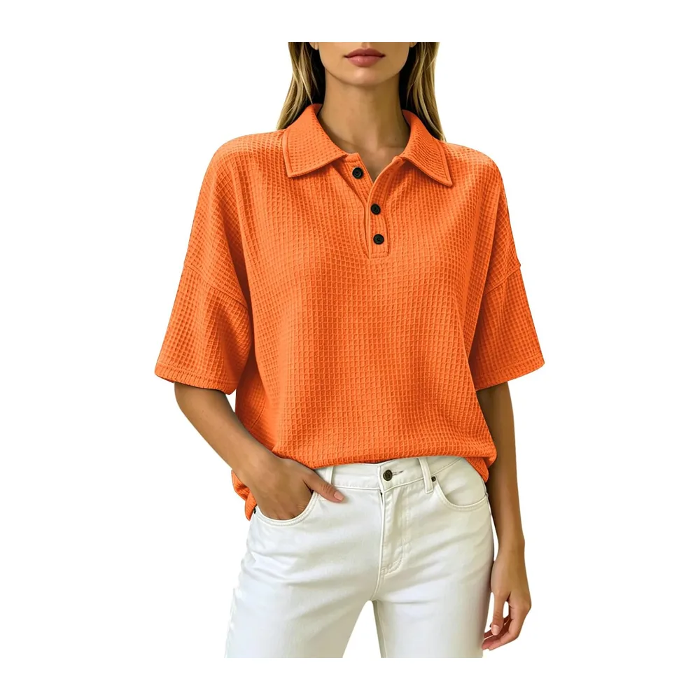 Henley Polo à manches courtes en tricot gaufré, respirant, style athlétique — Orange