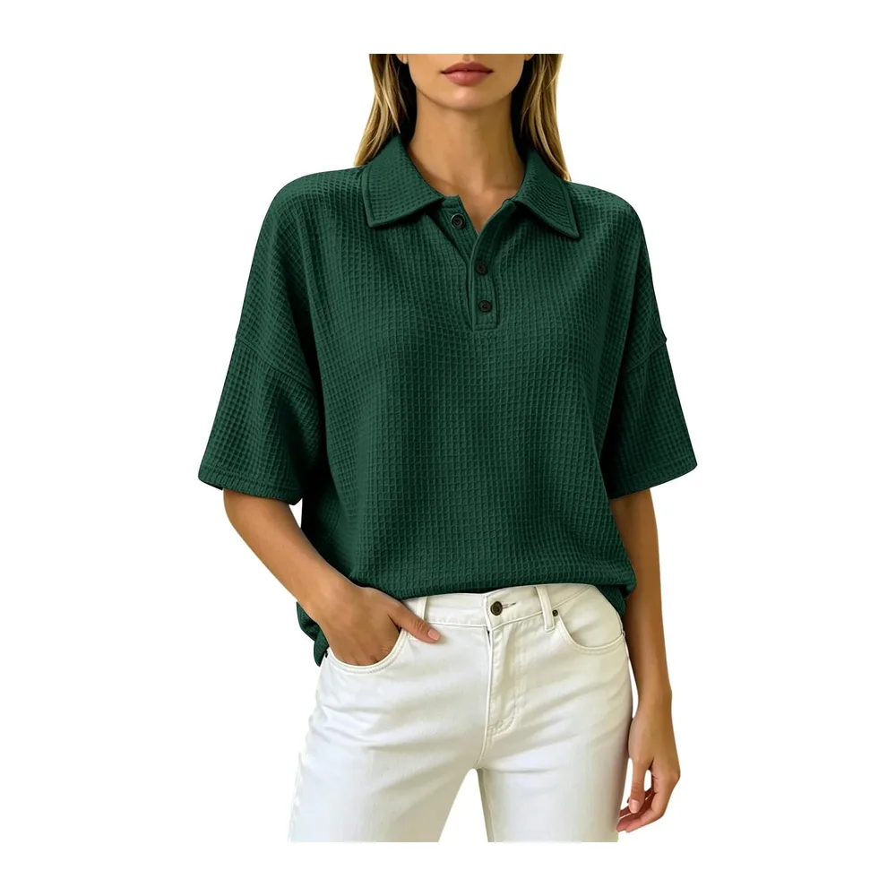 Henley Polo à manches courtes en tricot gaufré, respirant, style athlétique, tennis — Vert