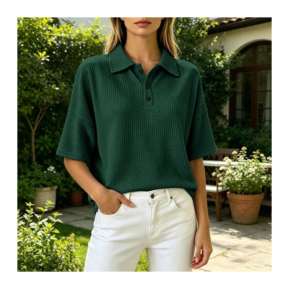 Henley Polo à manches courtes en tricot gaufré, respirant, style athlétique, tennis — Vert