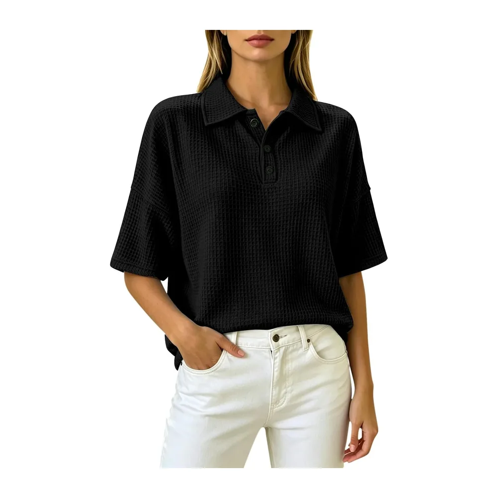 Henley Polo à manches courtes en tricot gaufré, respirant, style athlétique, tennis — Noir