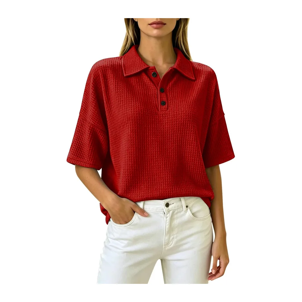 Henley Polo à manches courtes en tricot gaufré, respirant, style athlétique — Rouge