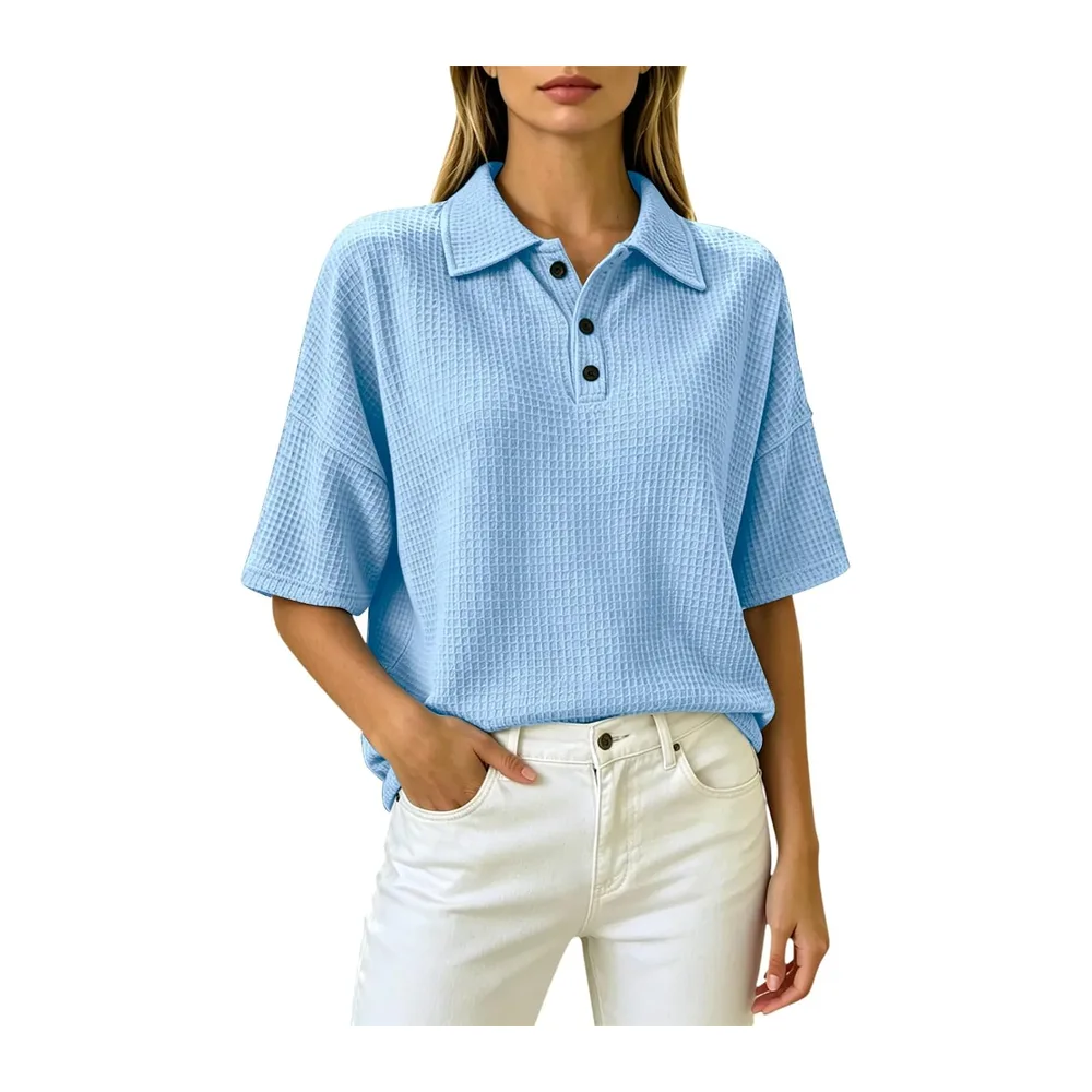 Henley Polo à manches courtes en tricot gaufré, respirant, style athlétique — Bleu Ciel