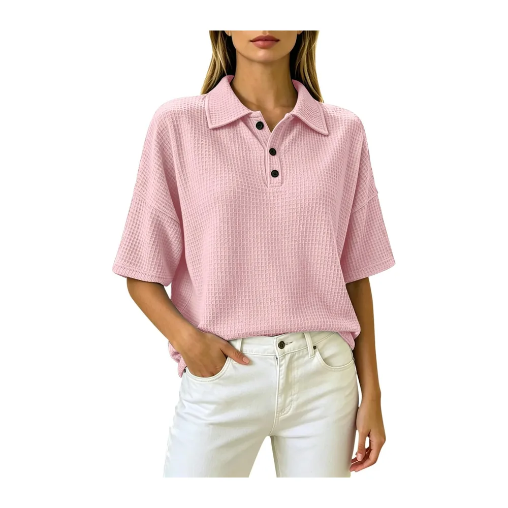 Henley Polo à manches courtes en tricot gaufré, respirant, style athlétique, tennis — Rose