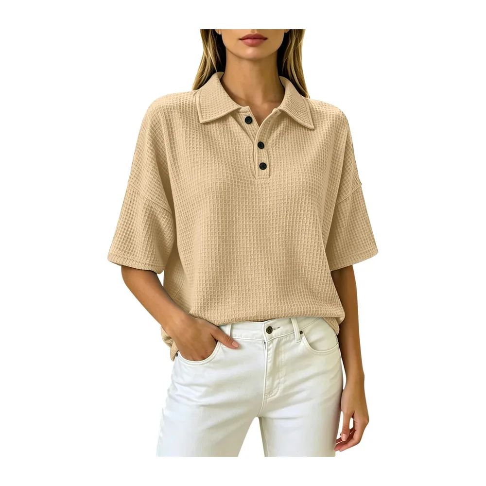 Henley Polo à manches courtes en tricot gaufré, respirant, style athlétique — Beige