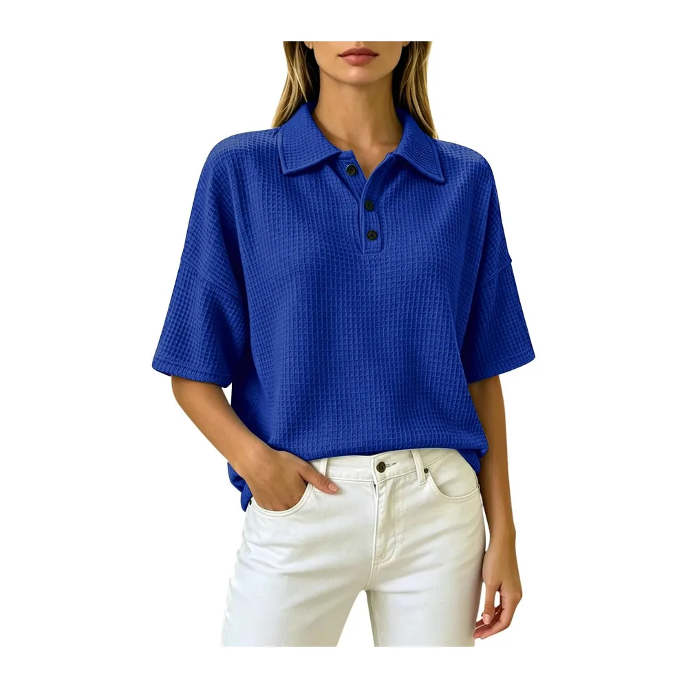 Henley Polo à manches courtes en tricot gaufré, respirant, style athlétique, tennis — Bleu