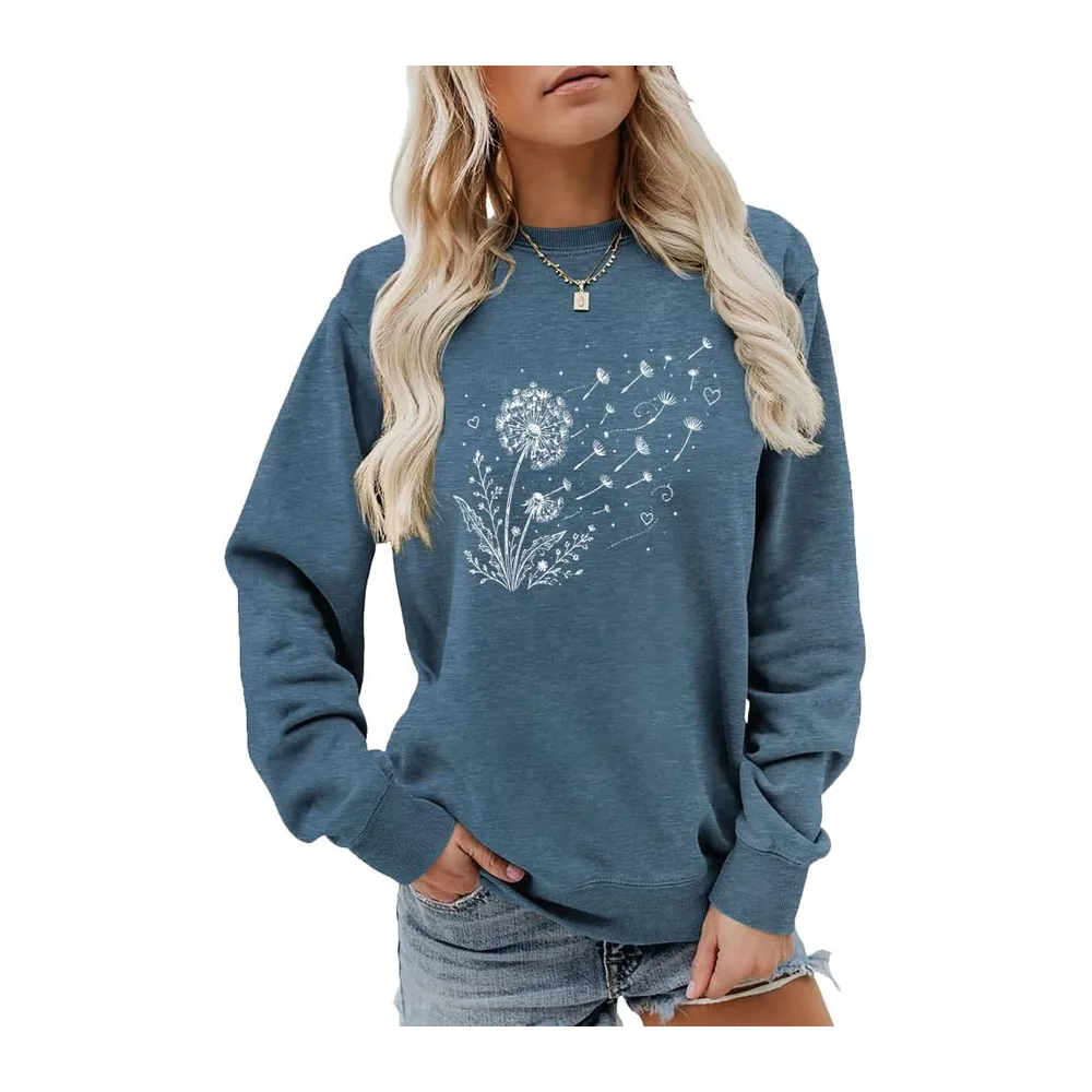 Dandelion Print Sweatshirt Casual Harajuku Pullover Loose Tops — Blue 2