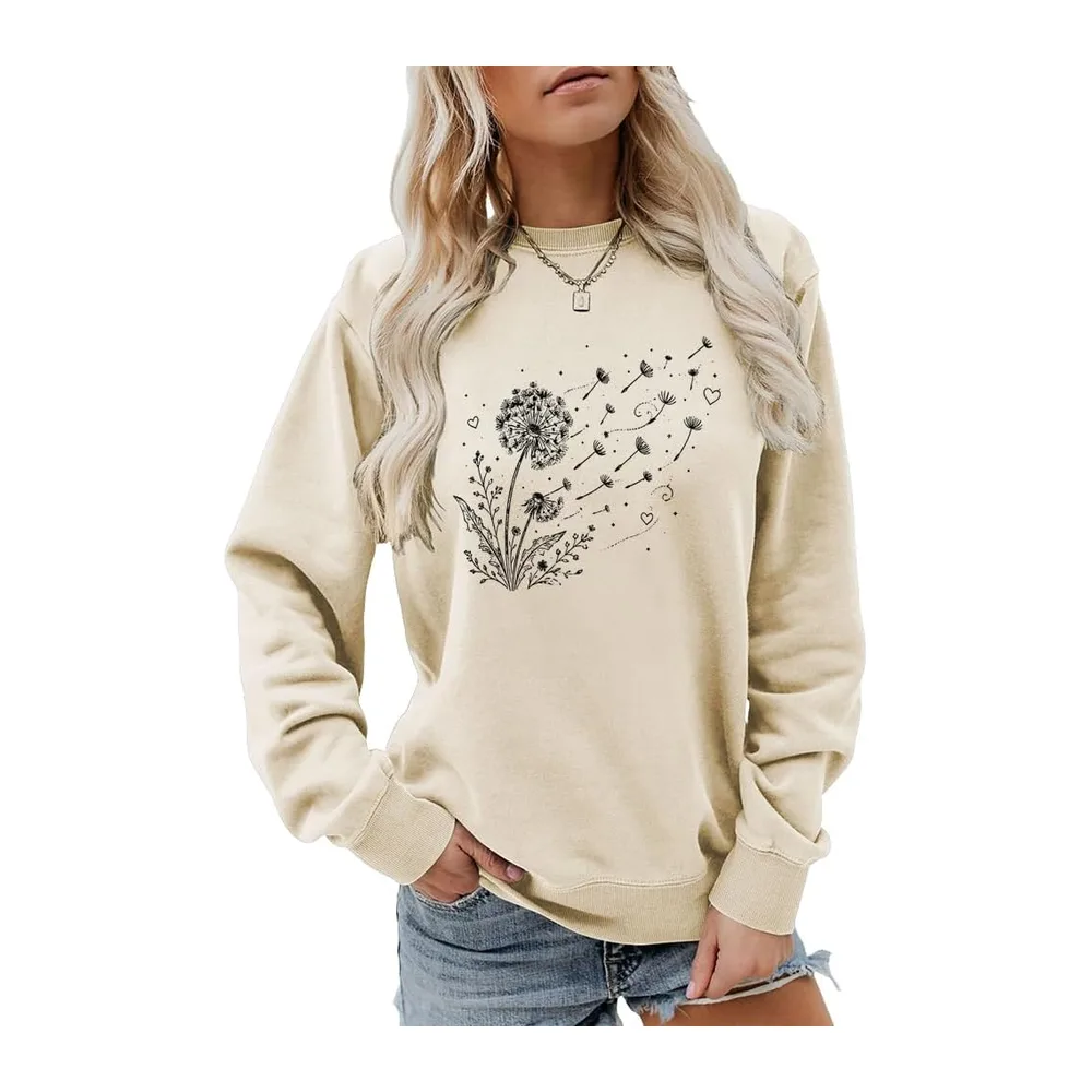 Dandelion Print Sweatshirt Casual Harajuku Pullover Loose Tops — Beige