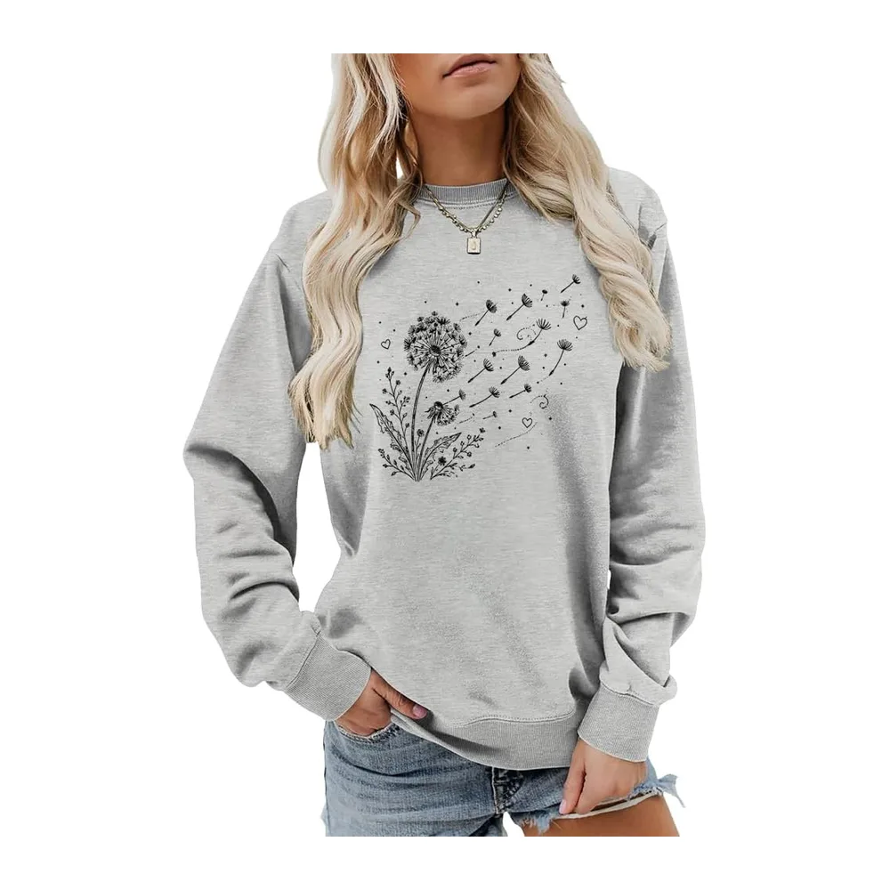 Dandelion Print Sweatshirt Casual Harajuku Pullover Loose Tops — Gris