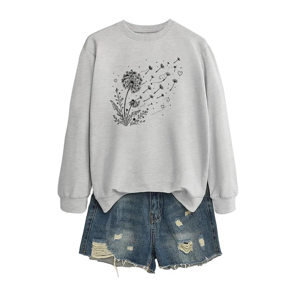 Dandelion Print Sweatshirt Casual Harajuku Pullover Loose Tops — Gris