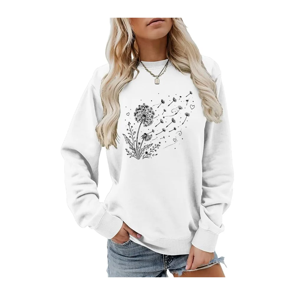 Dandelion Print Sweatshirt Casual Harajuku Pullover Loose Tops — Blanc