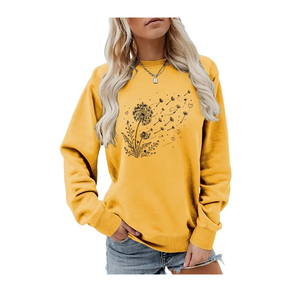Dandelion Print Sweatshirt Casual Harajuku Pullover Loose Tops — Jaune