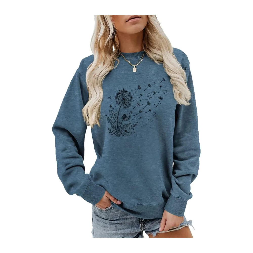 Dandelion Print Sweatshirt Casual Harajuku Pullover Loose Tops — Bleu