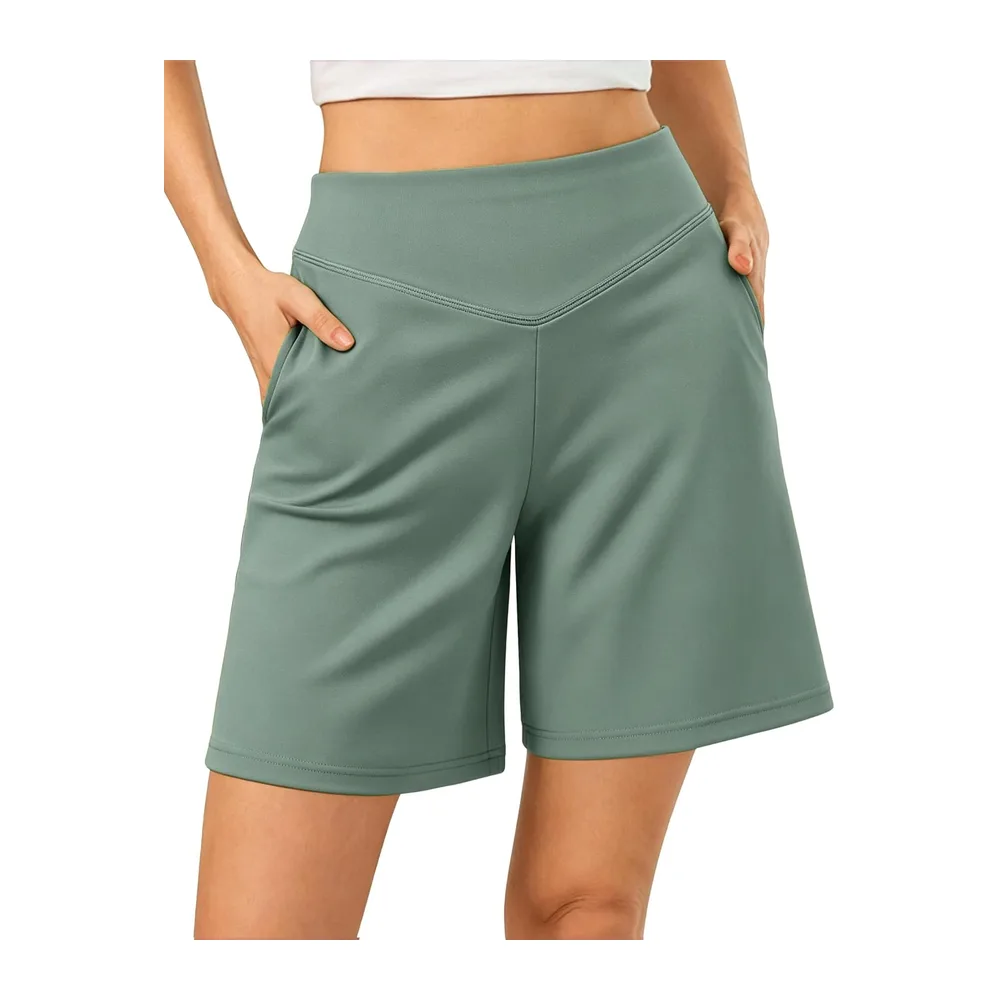 Short Sport Bermuda Taille Haute en V avec Poches Coupe Ample — Haricot Vert