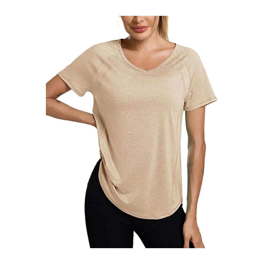 Short-Sleeved V-Neck Sports T-Shirts and Tops Quick Dry Top Yoga Running Fitness — Kaki