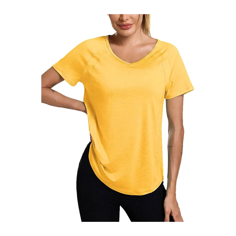 Short-Sleeved V-Neck Sports T-Shirts and Tops Quick Dry Top Yoga Running Fitness — Jaune