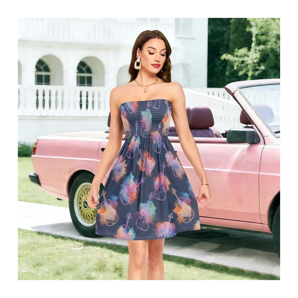 Robe smockée élastique imitation coton modal fluide violons colorés fluo foncé resort wear