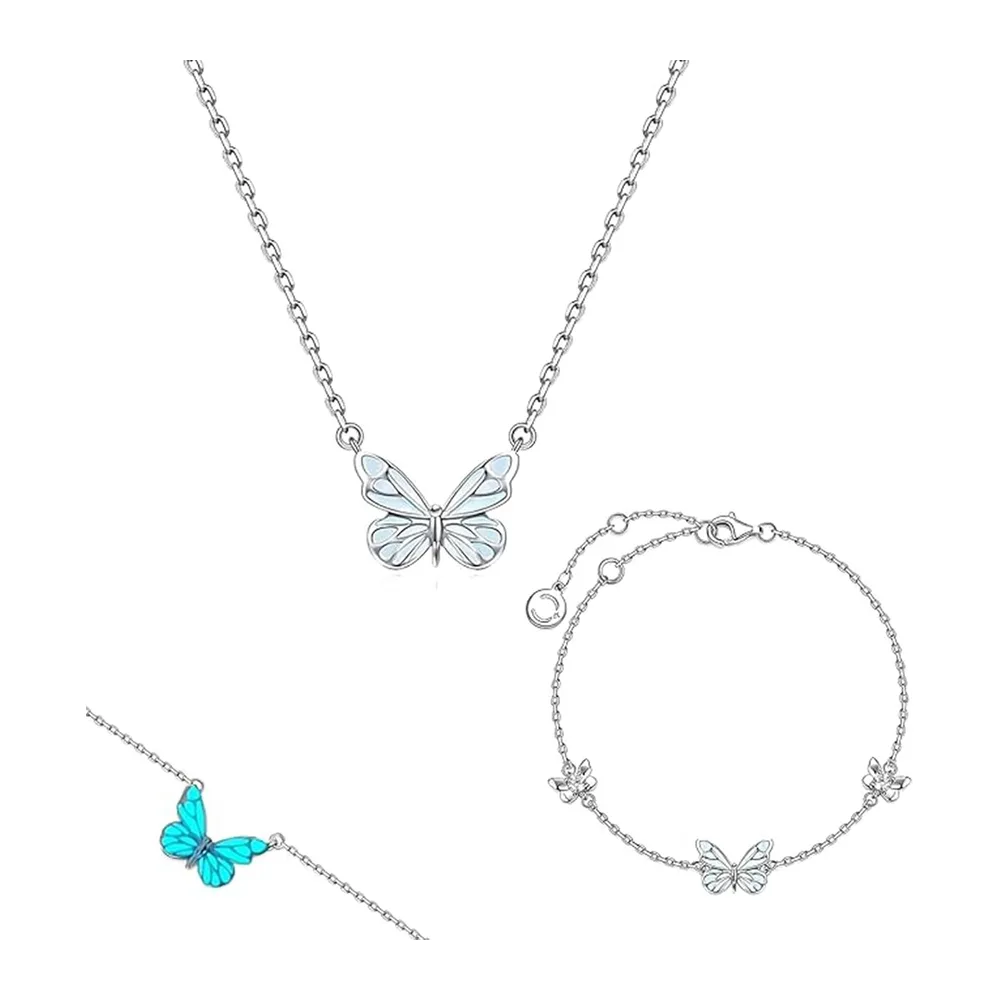 Glow in the Dark Butterfly Pendant Necklace and Bracelet Set for