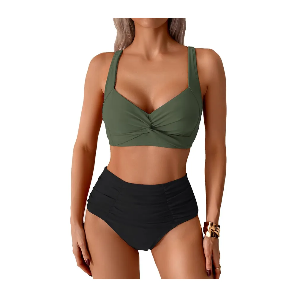 Swimsuit High Waist Swimwear Two Piece Sexy V Neck High Waist Bikini — Noir & Vert (41)