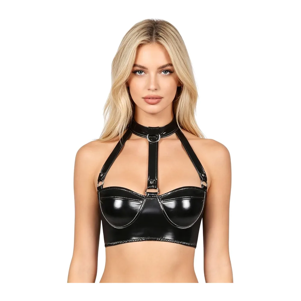 Sexy Cuir Brassiere Wetlook Halter Crop Top à Bretelle — Noir