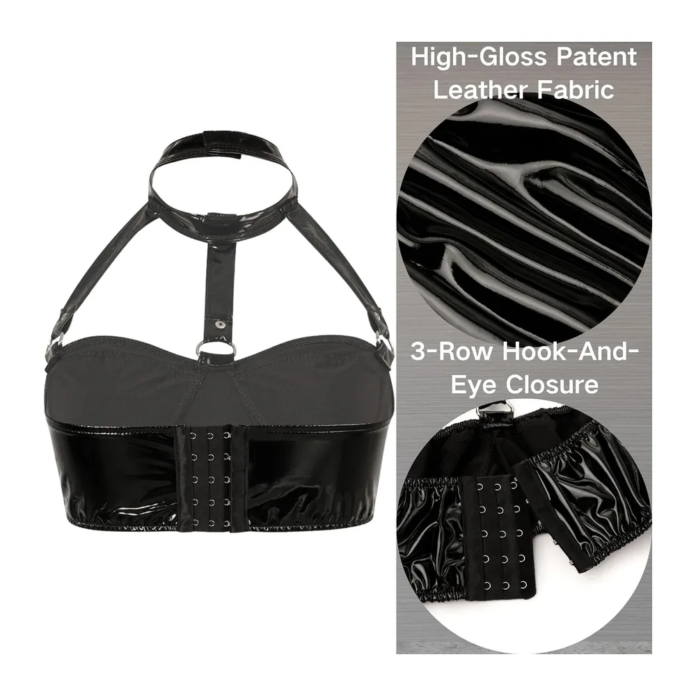 Sexy Cuir Brassiere Wetlook Halter Crop Top à Bretelle — Noir