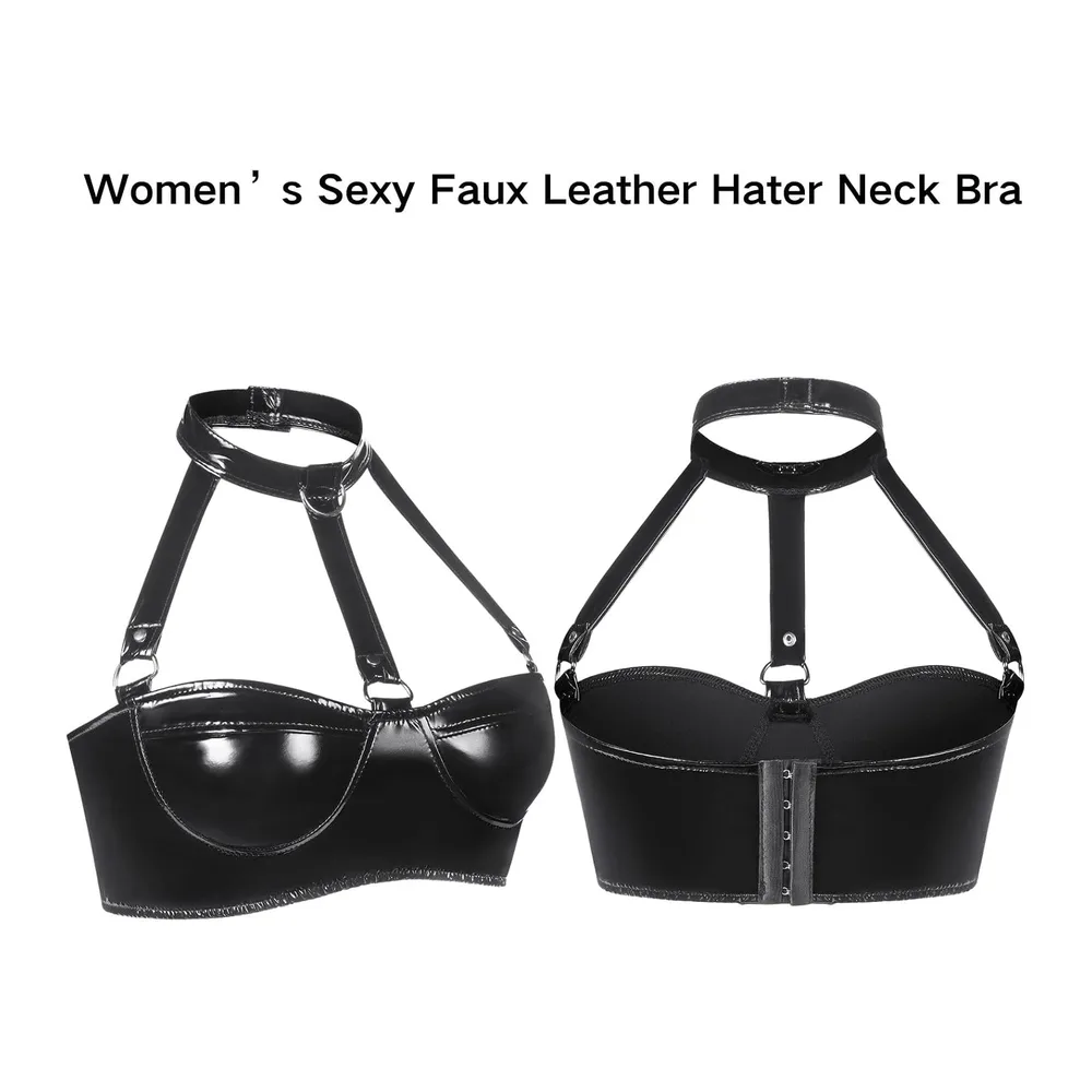 Sexy Cuir Brassiere Wetlook Halter Crop Top à Bretelle — Noir
