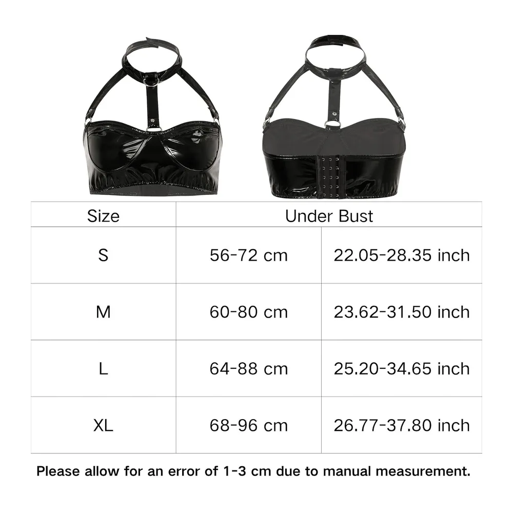 Sexy Cuir Brassiere Wetlook Halter Crop Top à Bretelle — Noir