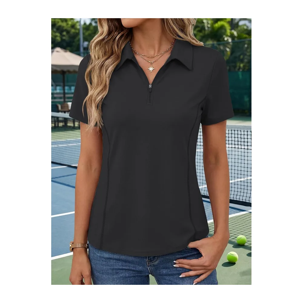 Short Sleeve Polo Shirt Stretch 1/4 Zip Top — Noir