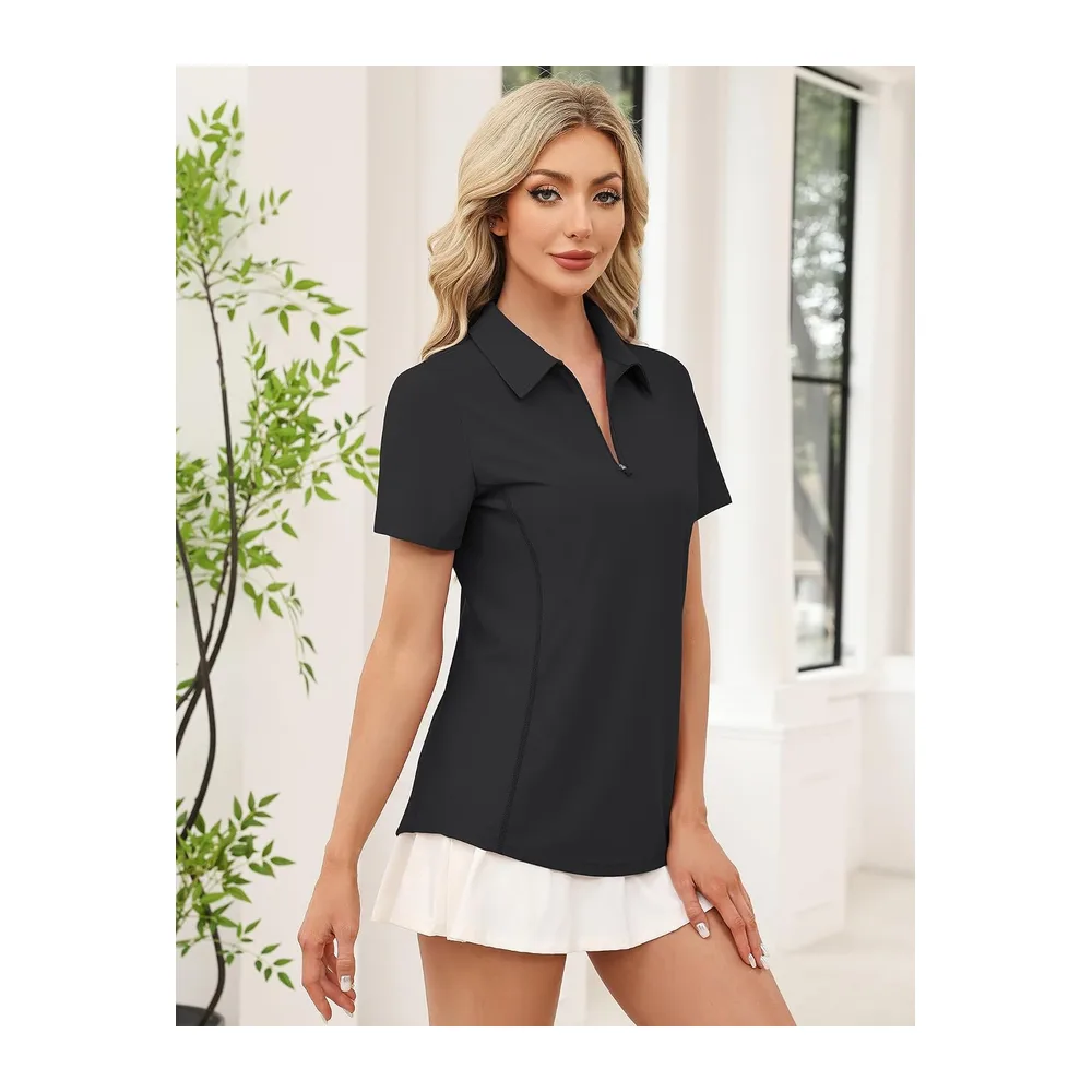 Short Sleeve Polo Shirt Stretch 1/4 Zip Top — Noir