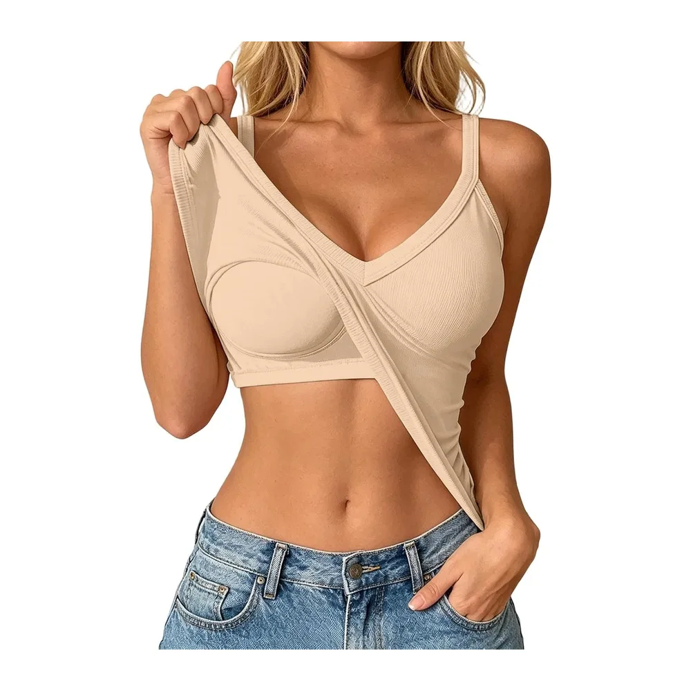 Camisole Top avec Soutien-Gorge Intégré Bustier Col V sans Manches Doublure — Beige