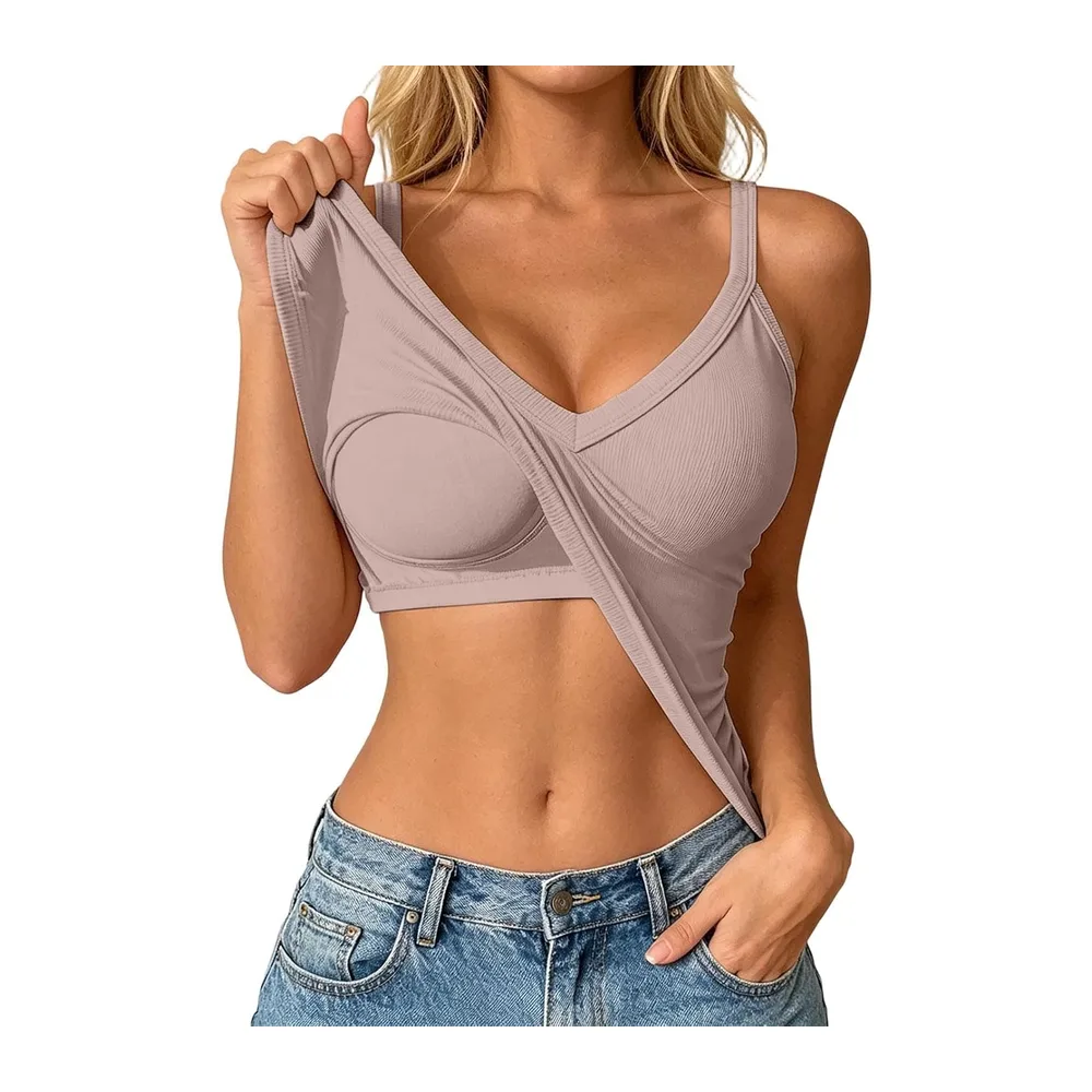 Camisole Top avec Soutien-Gorge Intégré Bustier Col V sans Manches Doublure — Khaki