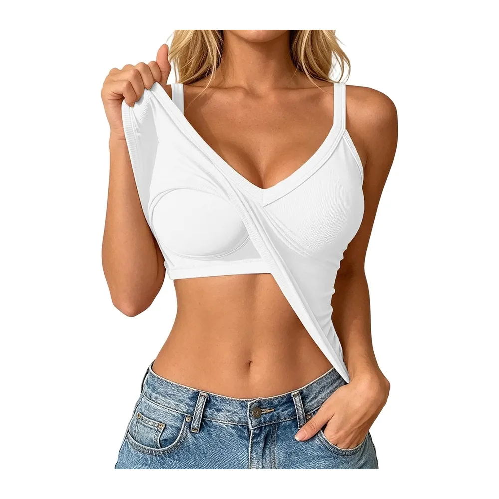 Camisole Top avec Soutien-Gorge Intégré Bustier Col V sans Manches Doublure — Blanc