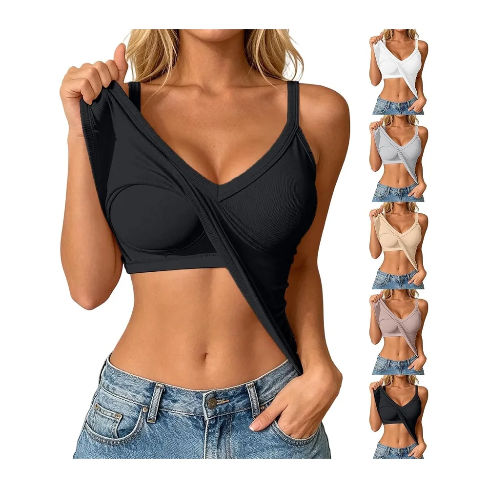 Camisole Top avec Soutien-Gorge Intégré Bustier Col V sans Manches Doublure — Noir