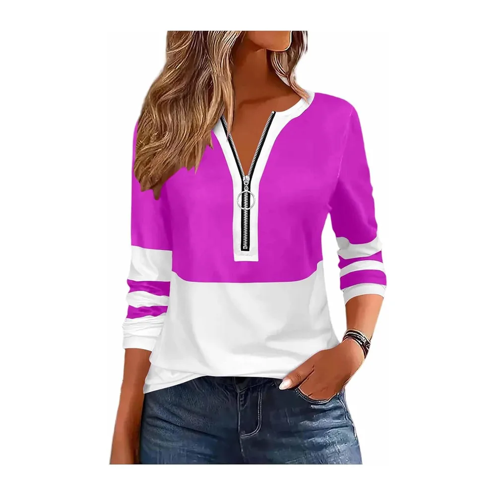 Sweat Zippé Col V Haut Manches Longues Sport Casual Pull Sweat Décontracté — 01-blanc