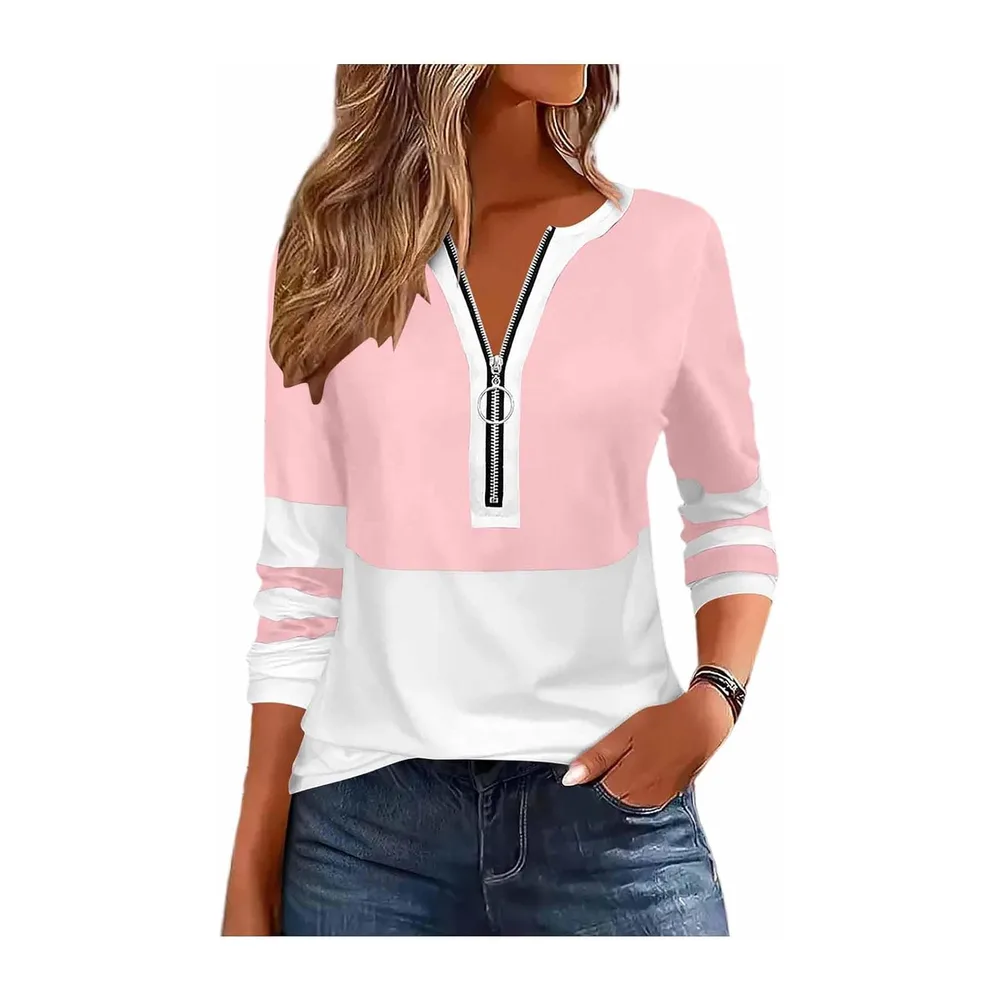 Sweat Zippé Col V Haut Manches Longues Sport Casual Pull Sweat Décontracté — 01-rose