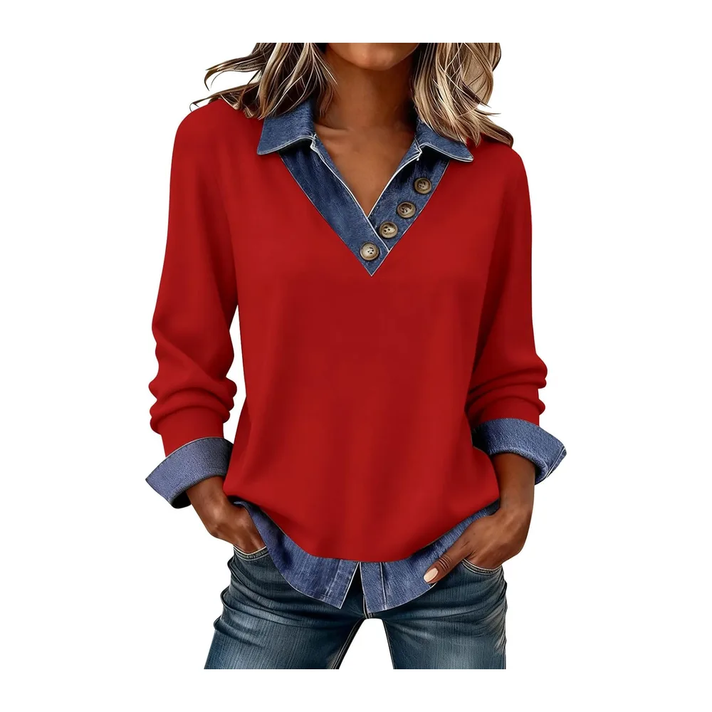 Sweat sans Capuche Sweatshirt Col V Rabattu Boutons Devant Coupe Ample Chic — 01-rouge