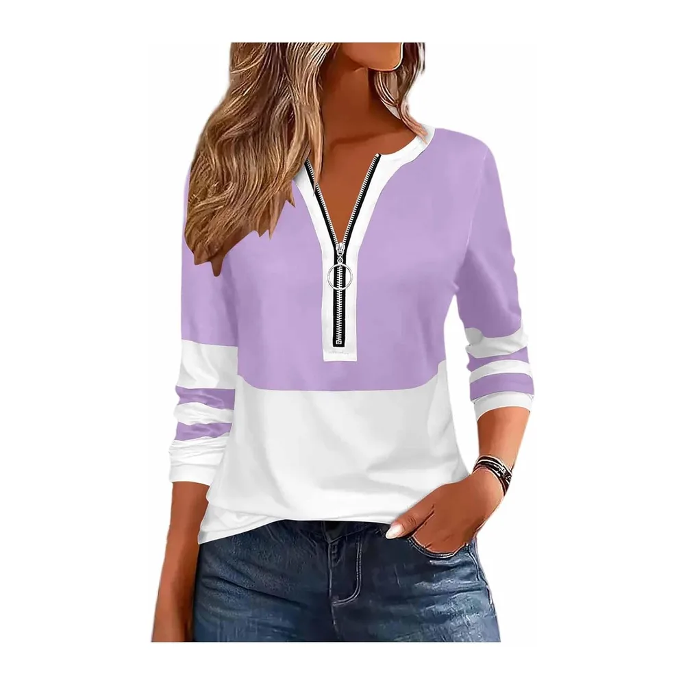 Sweat Zippé Col V Haut Manches Longues Sport Casual Pull Sweat Décontracté — 01-violet