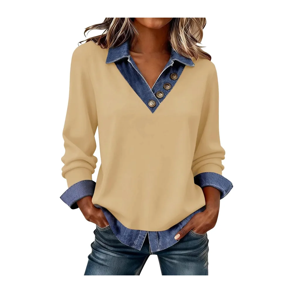 Sweat sans Capuche Sweatshirt Col V Rabattu Boutons Devant Coupe Ample Chic — 01-beige