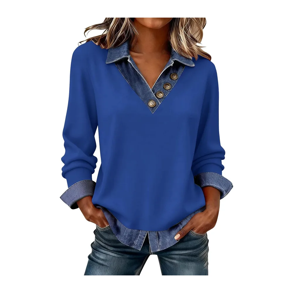 Sweat sans Capuche Sweatshirt Col V Rabattu Boutons Devant Coupe Ample Chic — 02-bleu