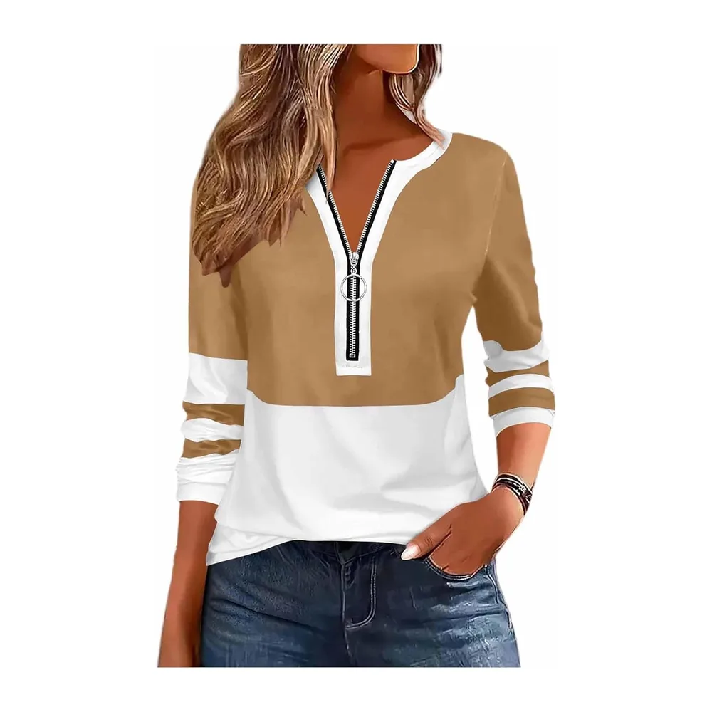 Sweat Zippé Col V Haut Manches Longues Sport Casual Pull Sweat Décontracté — 01-brun