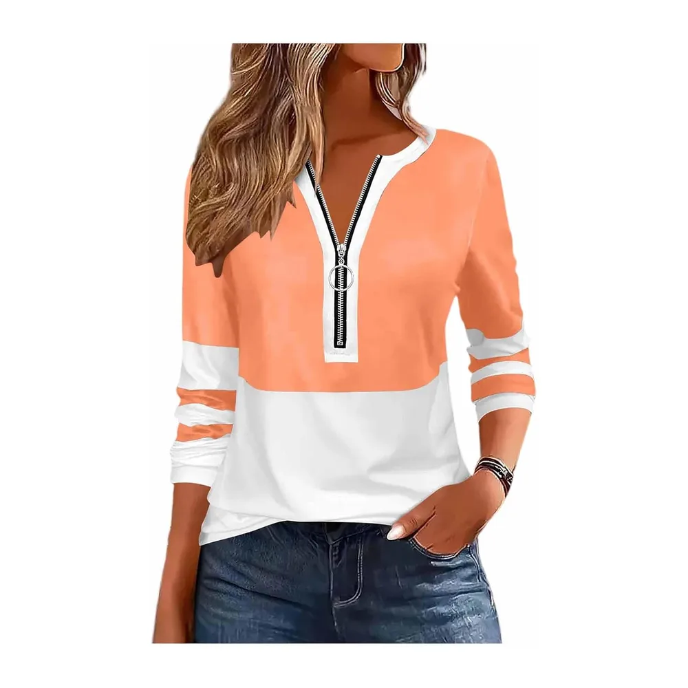Sweat Zippé Col V Haut Manches Longues Sport Casual Pull Sweat Décontracté — 01-orange