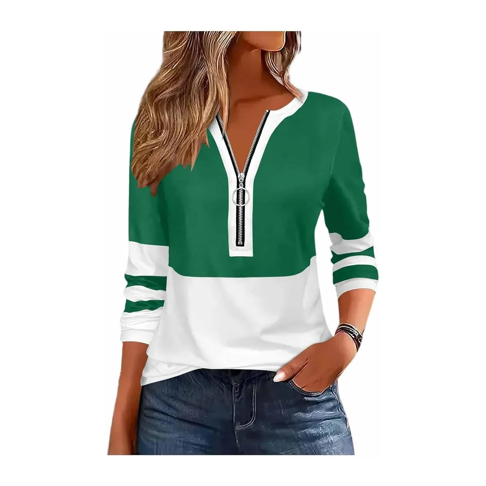 Sweat Zippé Col V Haut Manches Longues Sport Casual Pull Sweat Décontracté — 01-vert