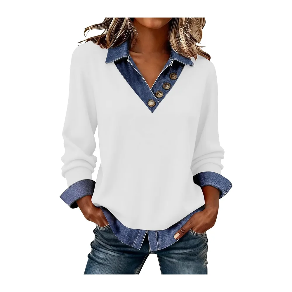 Sweat sans Capuche Sweatshirt Col V Rabattu Boutons Devant Coupe Ample Chic — 01-blanc
