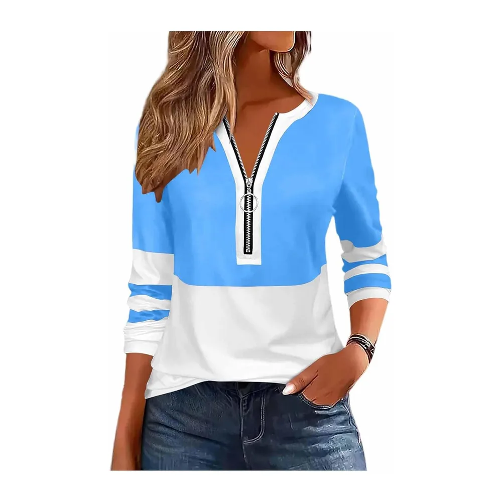 Sweat Zippé Col V Haut Manches Longues Sport Casual Pull Sweat Décontracté — 01-bleu Ciel