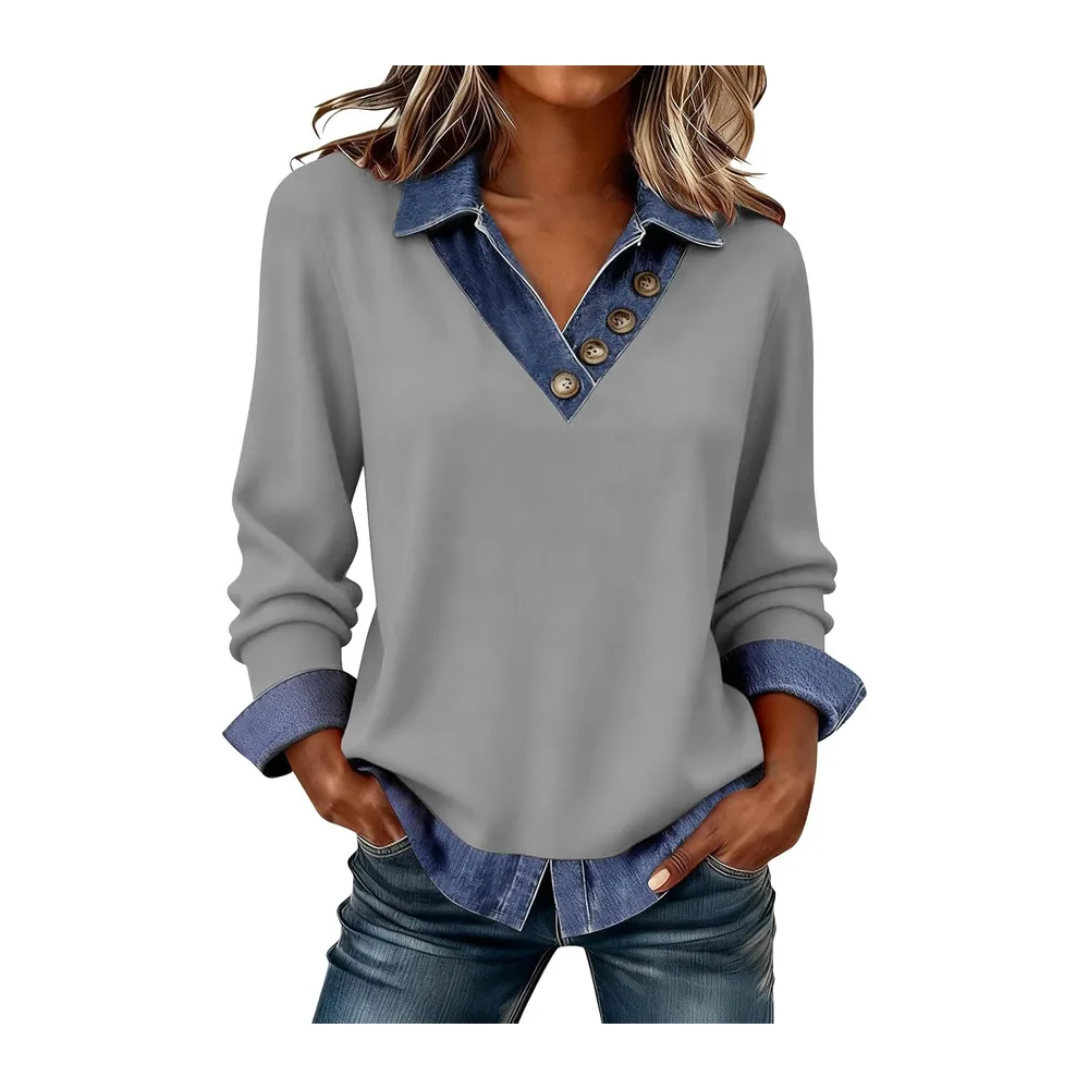 Sweat sans Capuche Sweatshirt Col V Rabattu Boutons Devant Coupe Ample Chic — 02-gris