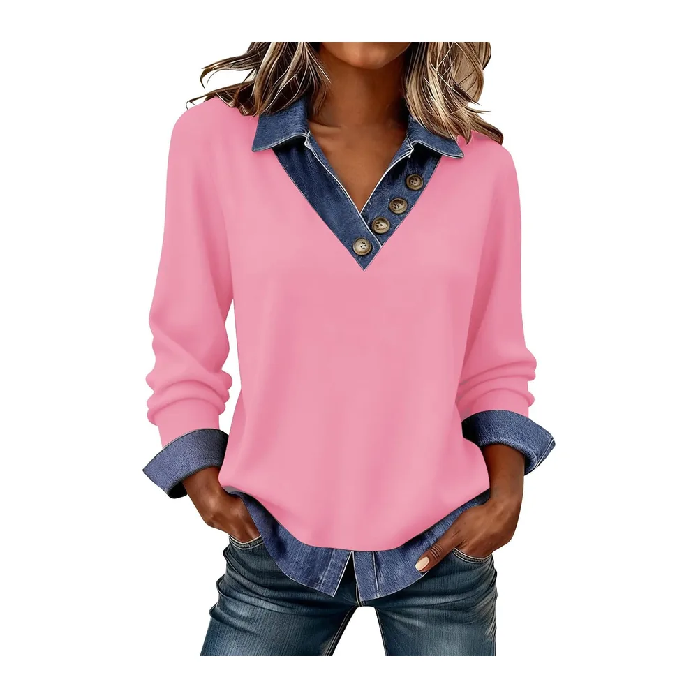 Sweat sans Capuche Sweatshirt Col V Rabattu Boutons Devant Coupe Ample Chic — 01-rose