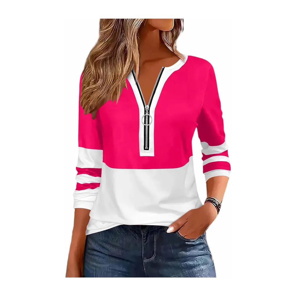 Sweat Zippé Col V Haut Manches Longues Sport Casual Pull Sweat Décontracté — 01-rose Vif