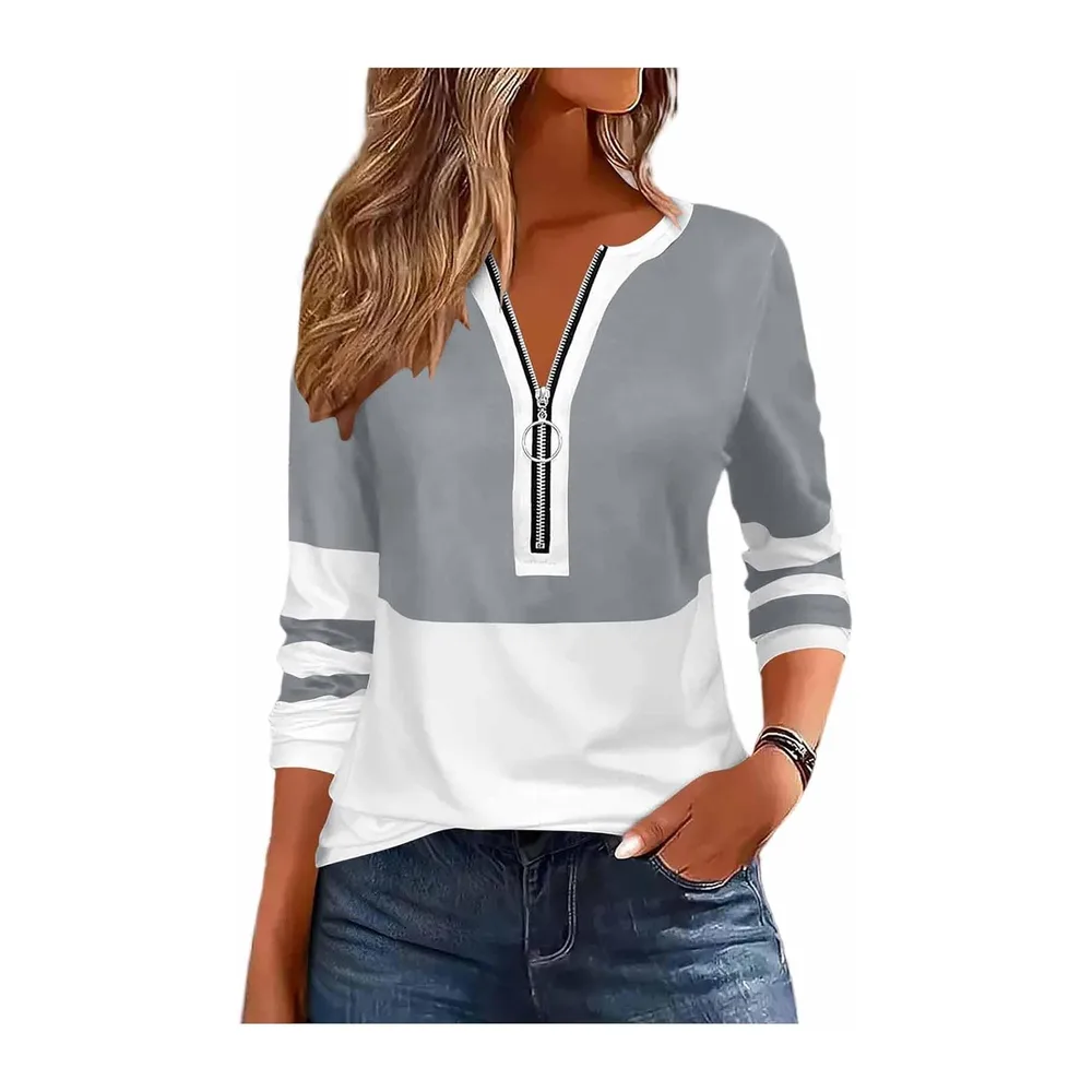Sweat Zippé Col V Haut Manches Longues Sport Casual Pull Sweat Décontracté — 01-gris